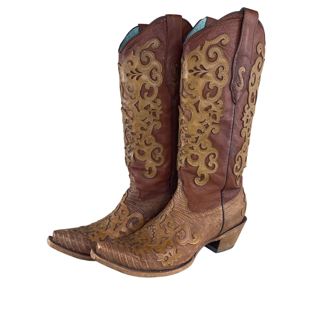 Corral Womens Leather Lizard Overlay Western Cowboy Boots Sz 9.5 M Brown Tan